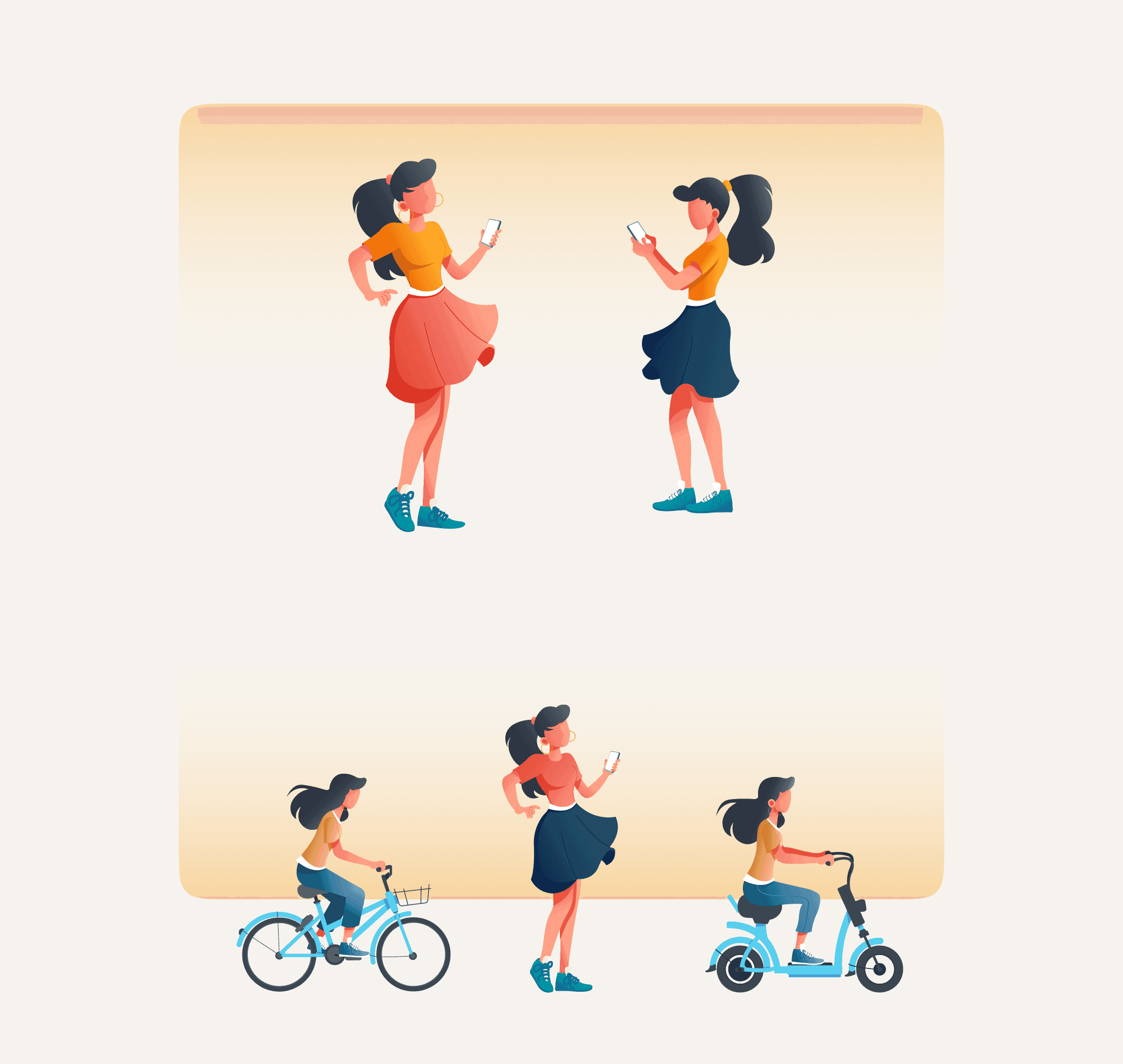 Character illustrations — female character with phone, on bicycle, on scooter