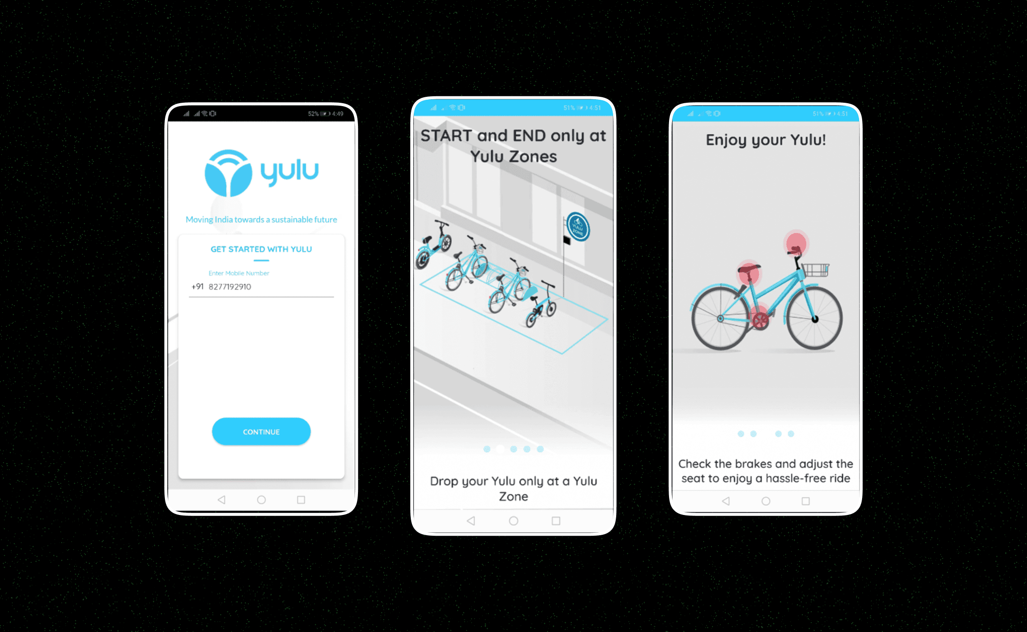 First version of onboarding — Welcome to Yulu, Start and End at Yulu Zones, Enjoy your Yulu