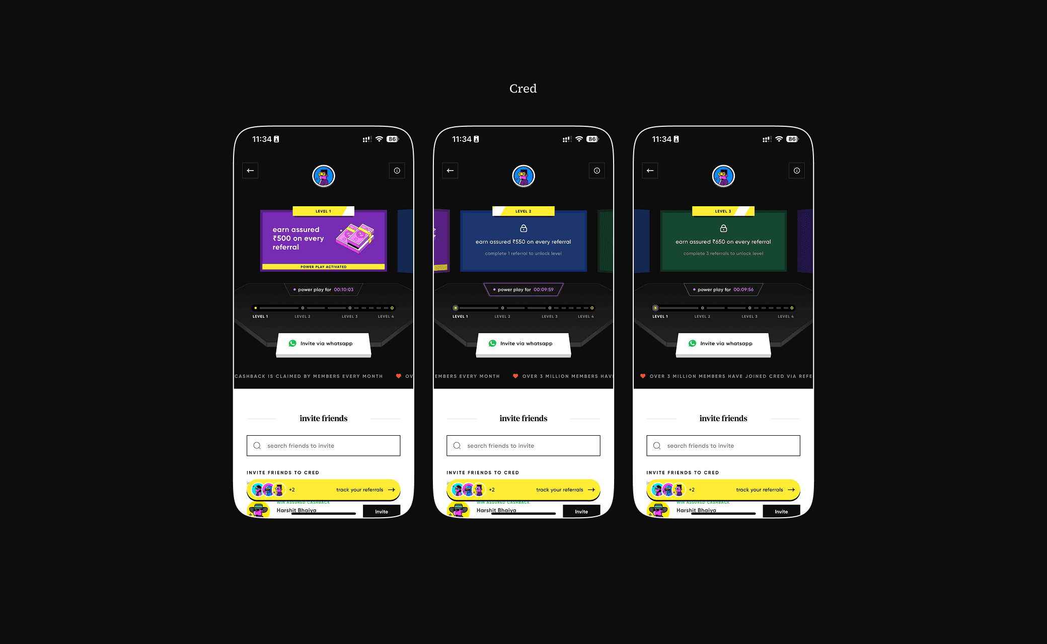 CRED referral program — tiered levels with power play