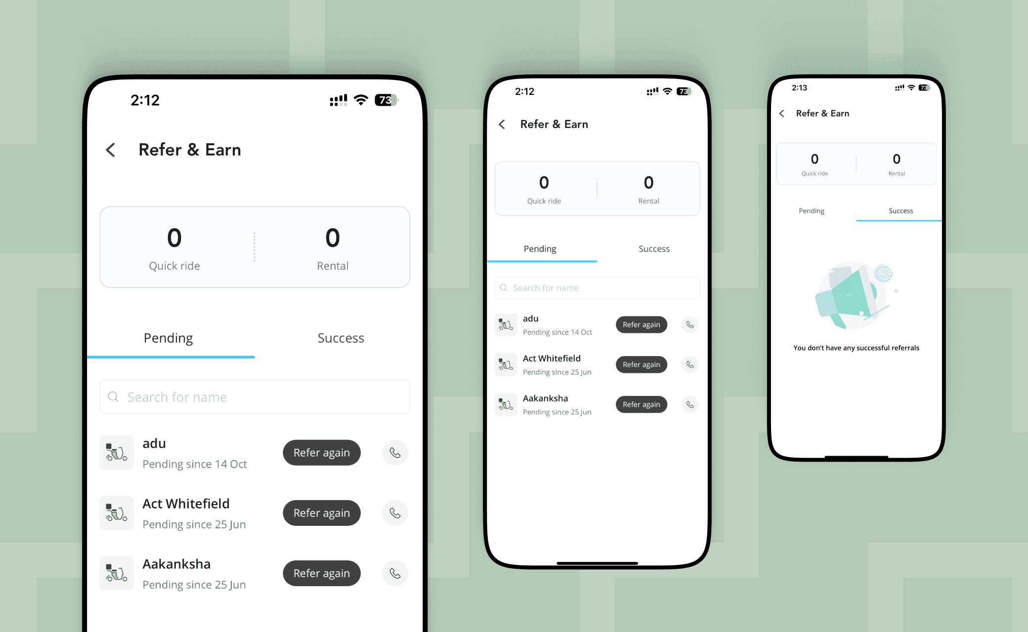 Earnings dashboard — track referrals across Quick Ride and Rentals
