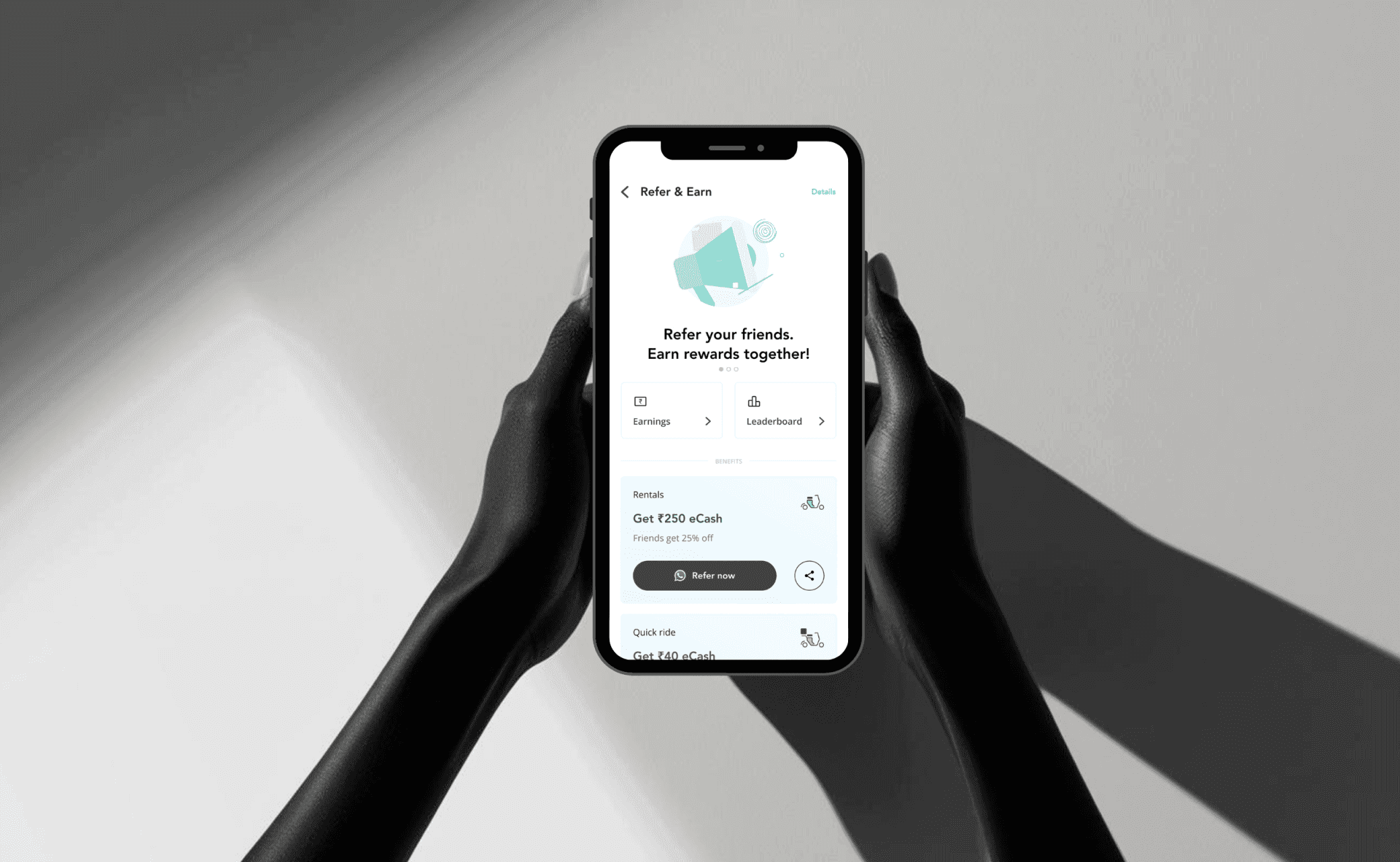 Referral app — phone in hand mockup