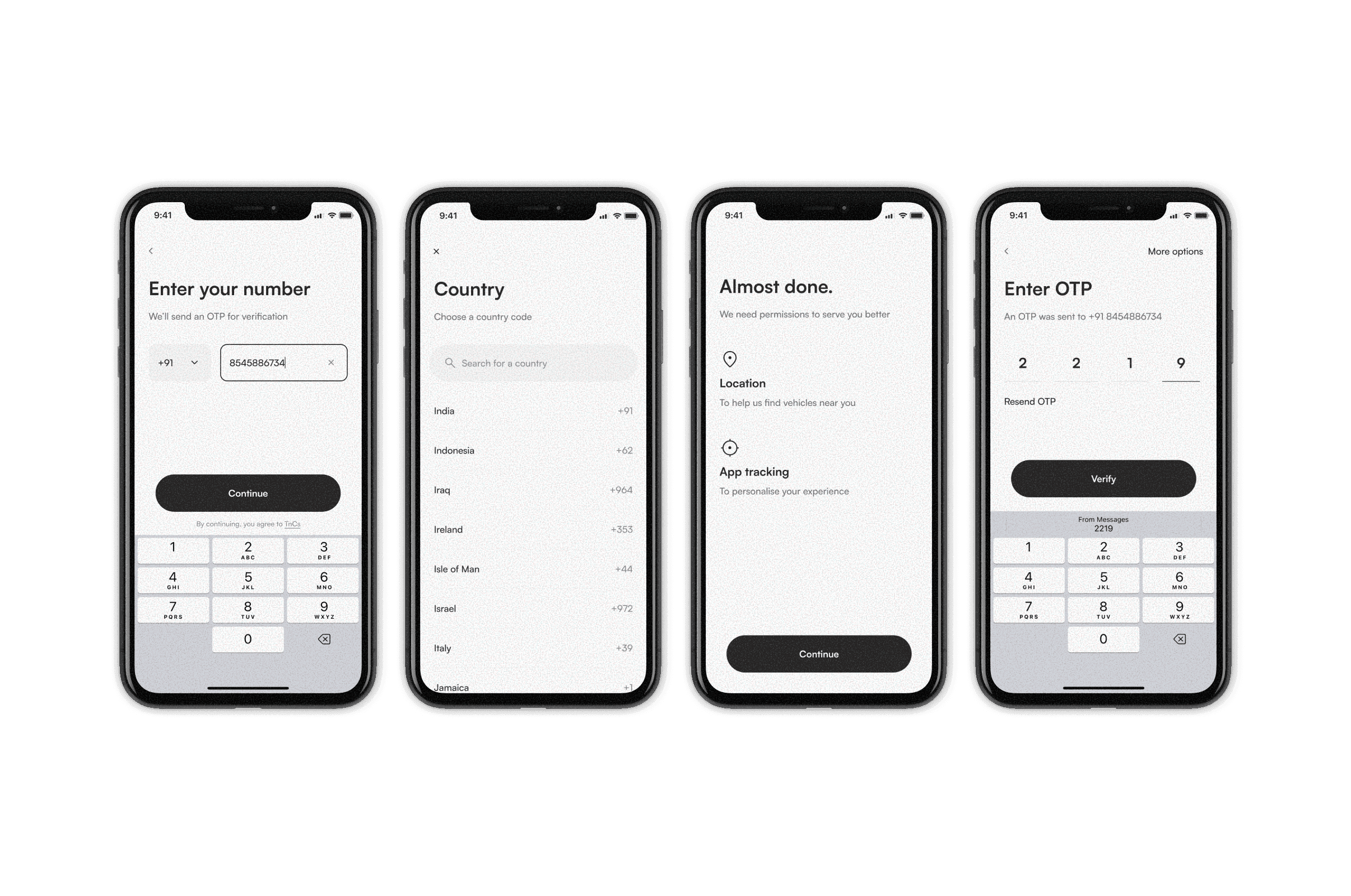 App screens showing Satoshi typeface in use — Enter your number, Country, Almost done, Enter OTP