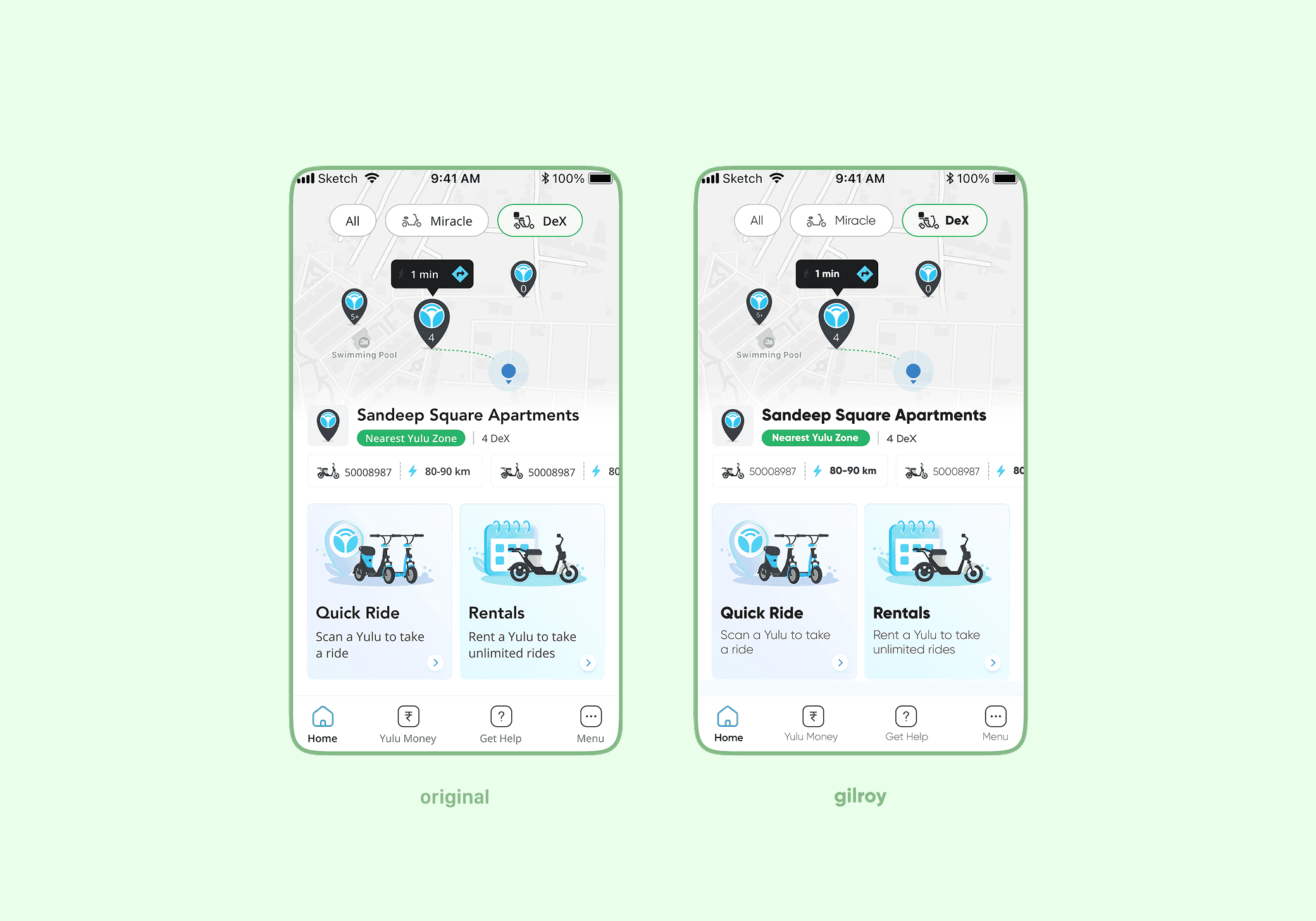 Gilroy — original vs Gilroy side-by-side app mockup