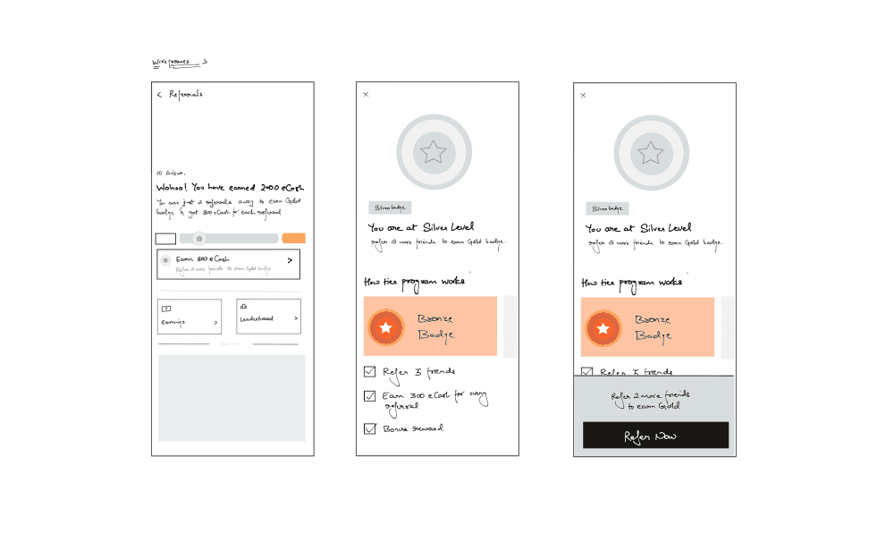 Wireframes — Tier program details and referral screens