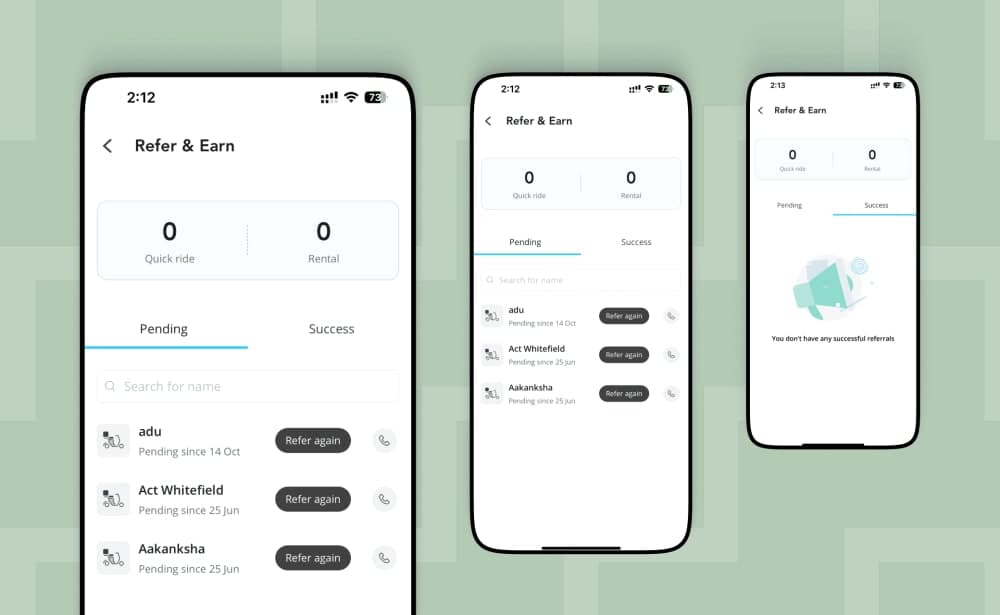 Earnings dashboard — track referrals across Quick Ride and Rentals