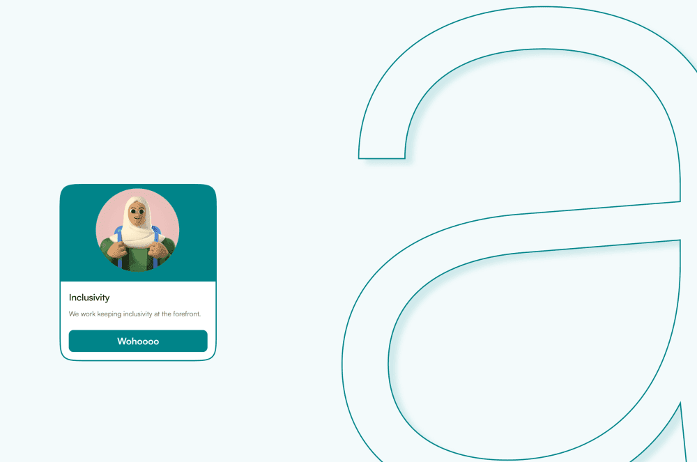 The approach — teal curved letterforms with Yulu app mockup showing Inclusivity card