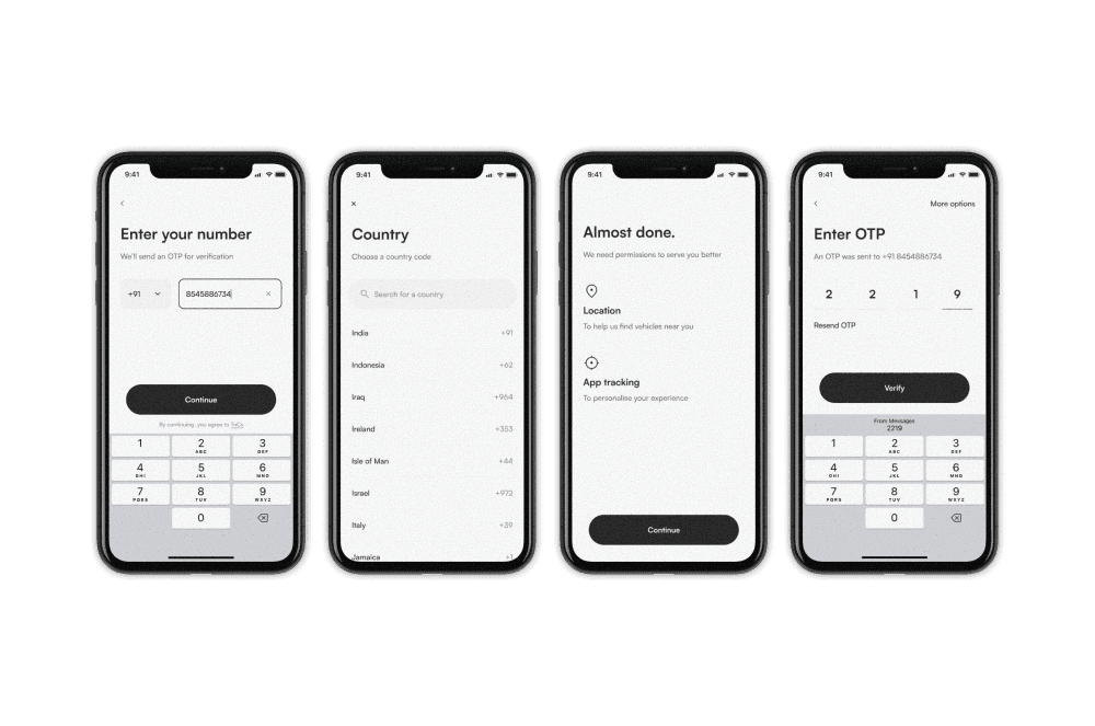 App screens showing Satoshi typeface in use — Enter your number, Country, Almost done, Enter OTP