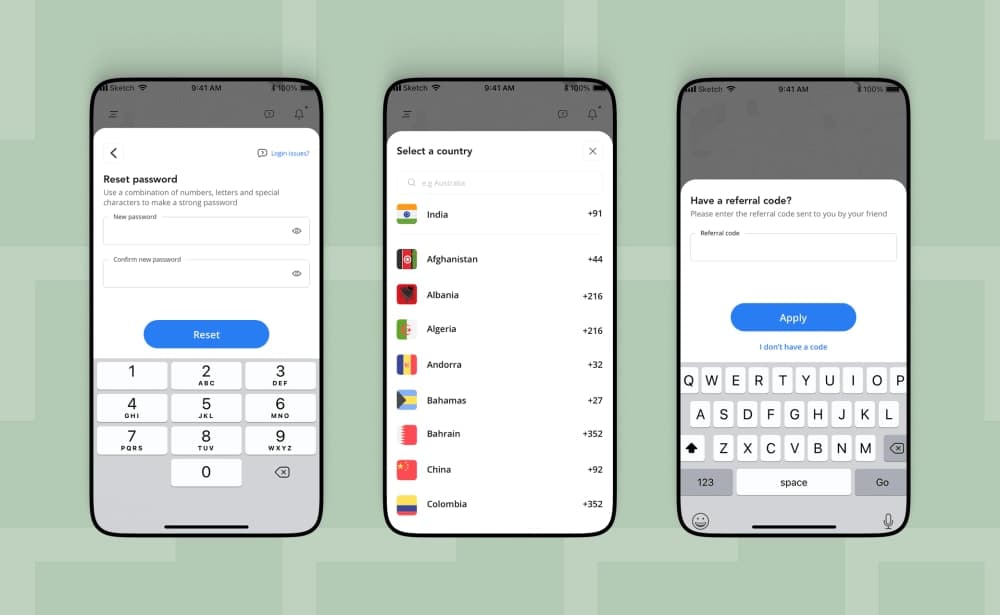 Redesigned screens — Reset Password, Select Country, Referral Code