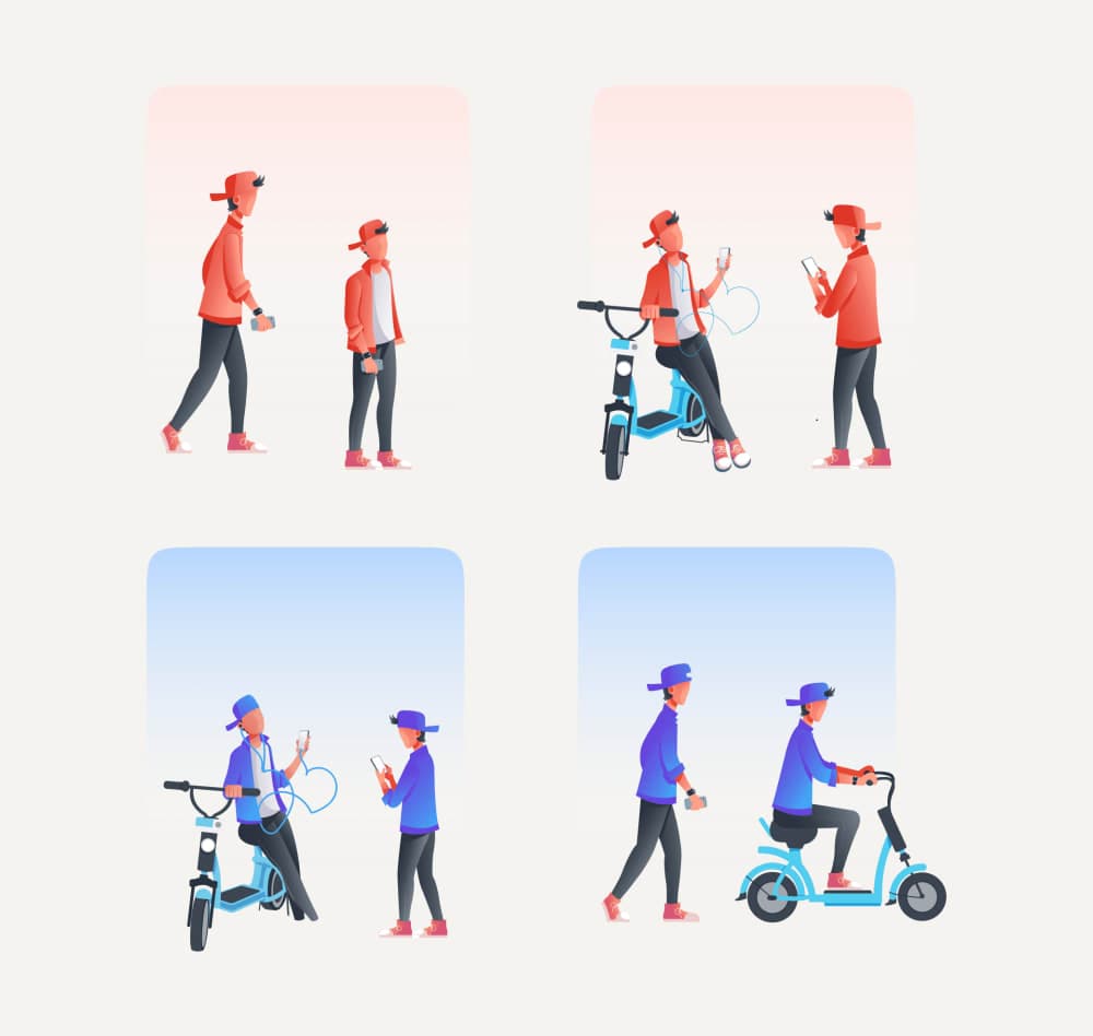 Character illustrations — male character walking, on scooter, using phone with Yulu vehicles
