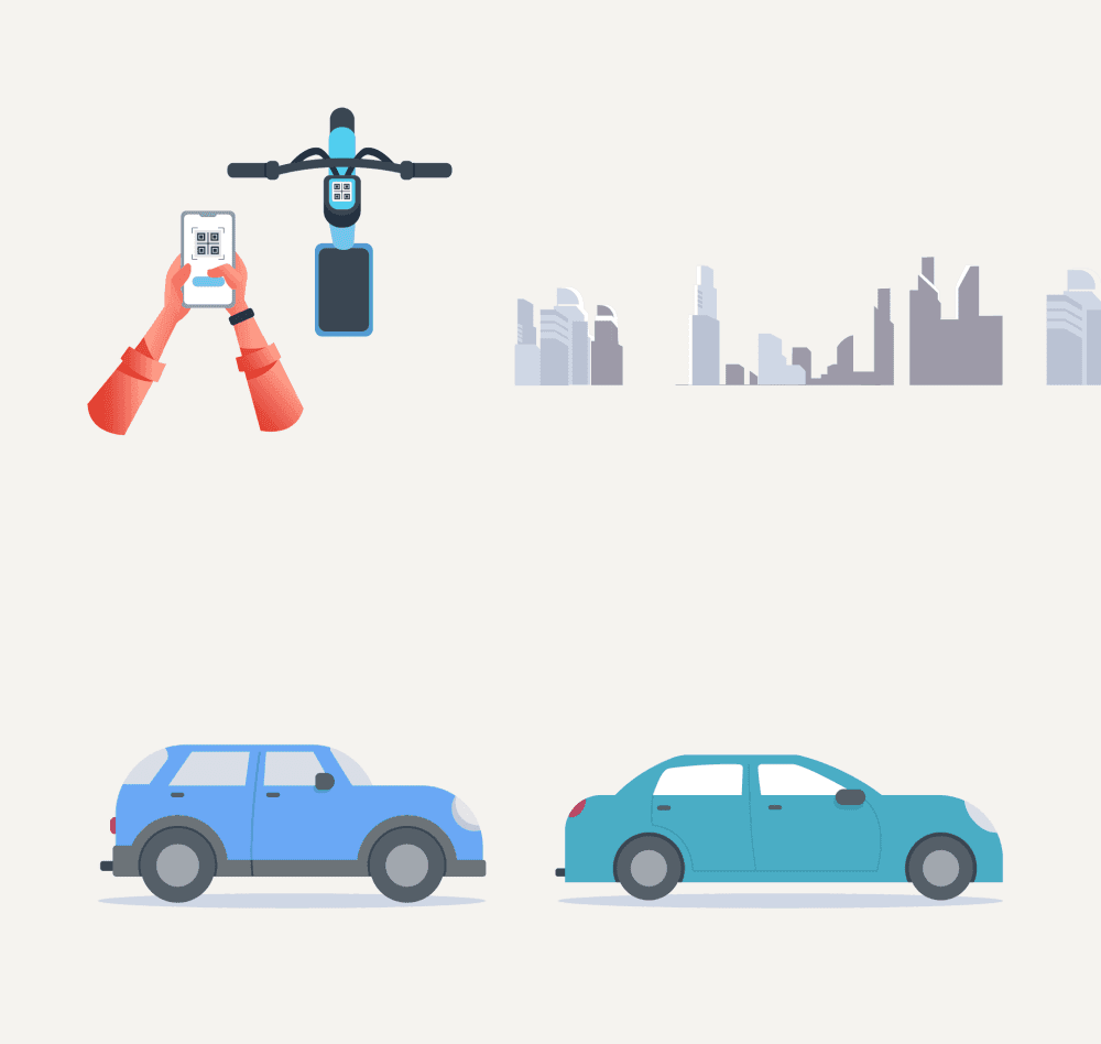 Illustration assets — QR code scanning hands, cityscape, car illustrations
