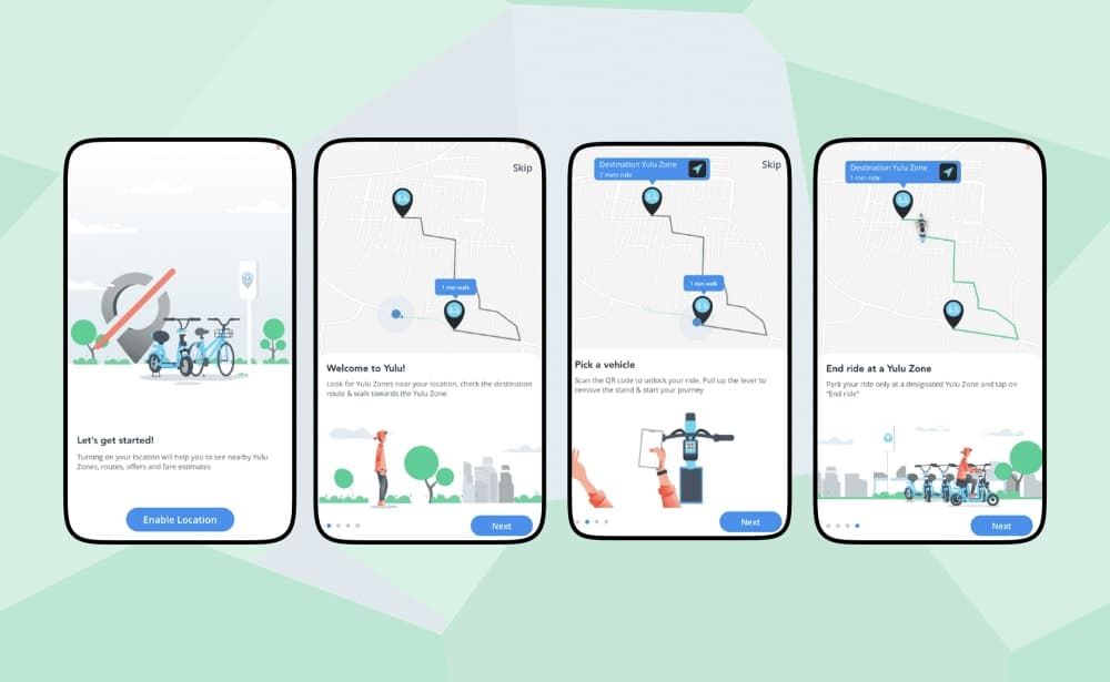 Final onboarding screens — Let's get started, Welcome to Yulu, Pick a vehicle, End ride at a Yulu Zone