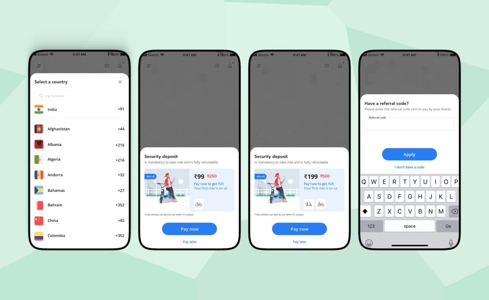 Final screens — Select Country, Security Deposit, Referral Code