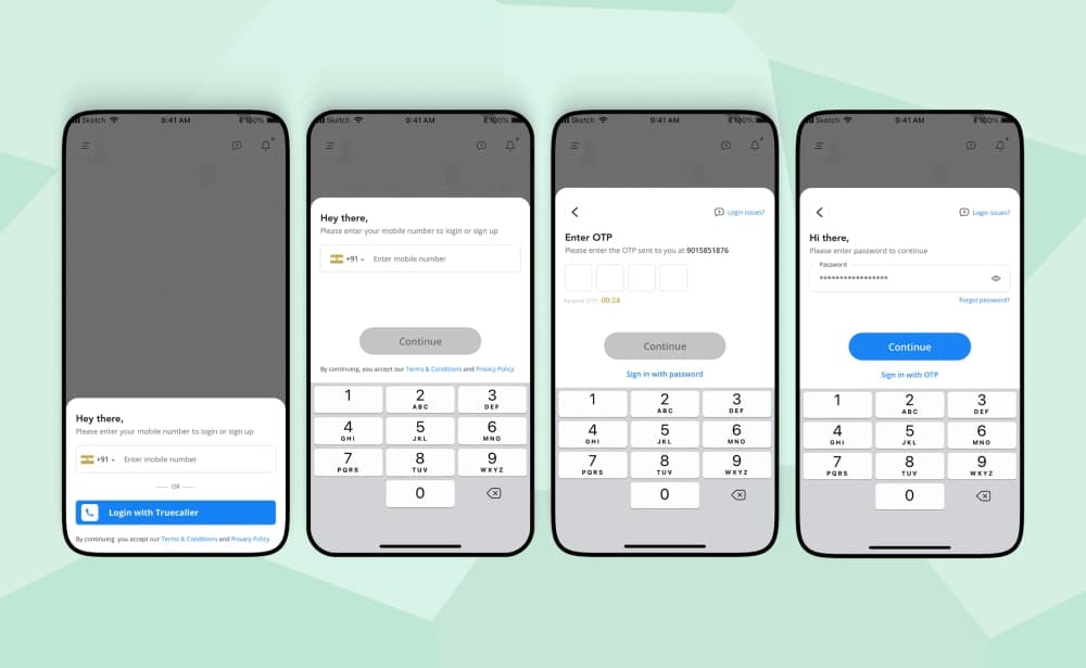 Final signup flow — login, phone entry, OTP, password screens