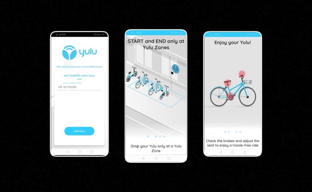 First version of onboarding — Welcome to Yulu, Start and End at Yulu Zones, Enjoy your Yulu