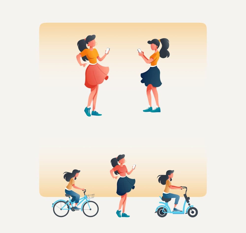 Character illustrations — female character with phone, on bicycle, on scooter
