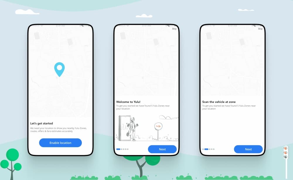 Sketching the onboarding — 3 phone mockups with onboarding flow sketches