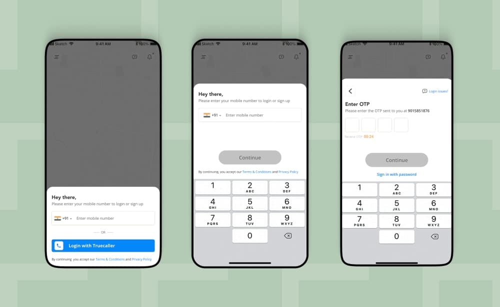 Redesigned signup flow — login, phone number entry, OTP entry