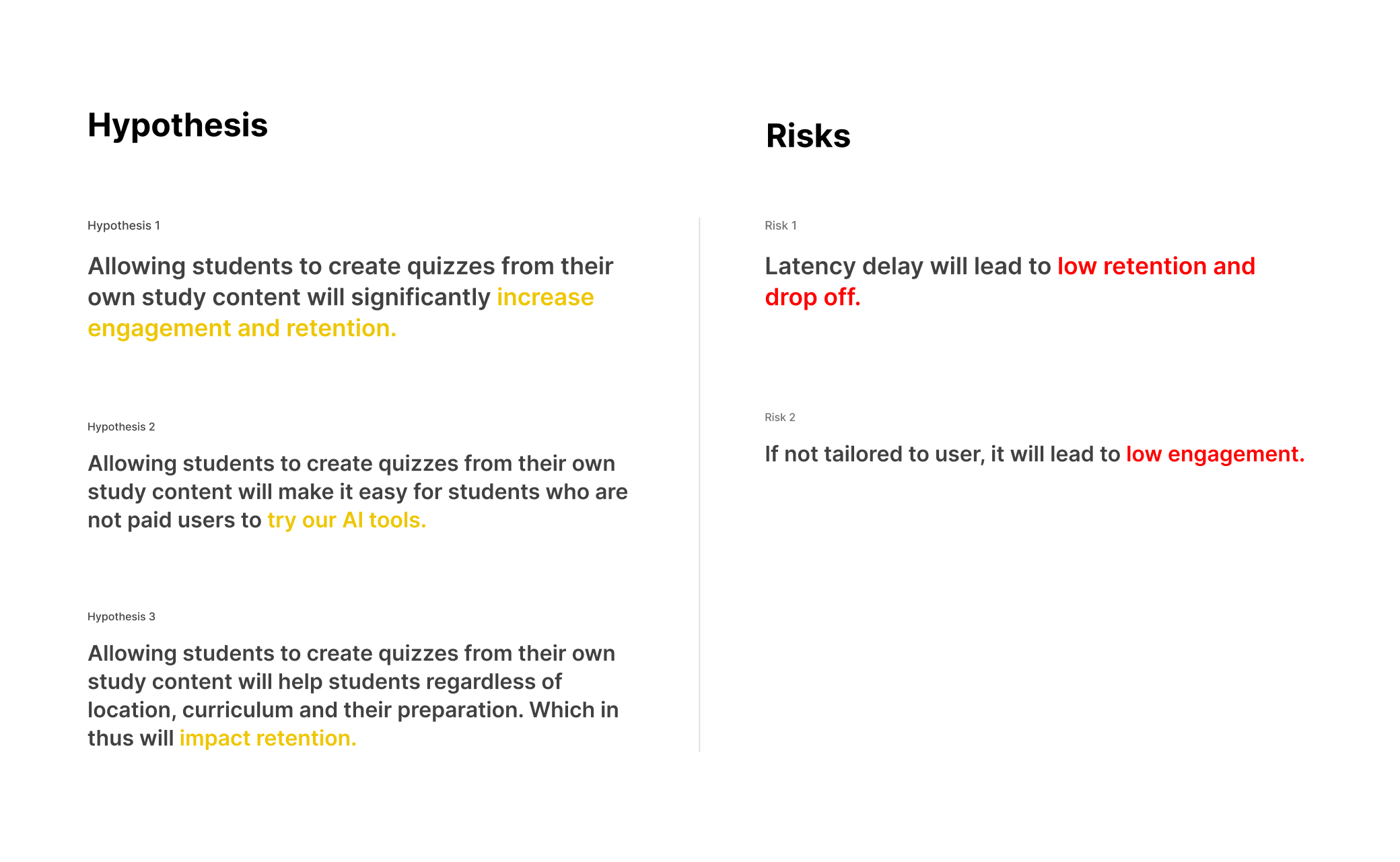 Hypothesis & risks framework.
